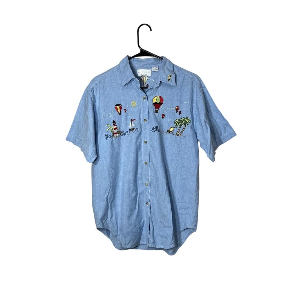 Christopher & Banks Vintage Embroidered Beach Balloon Scene Button Up Shirt M